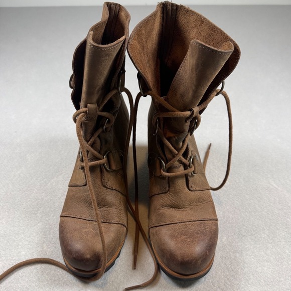 Sorel Shoes - Sorel Lea Wedge Boots Brown Leather Lace Up Ankle Booties Lug Sole Womens